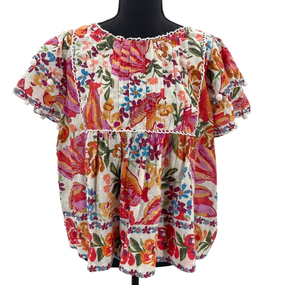 FARM Rio Multicolor Floral Puff-Sleeve Peasant Blouse with Banana Design
